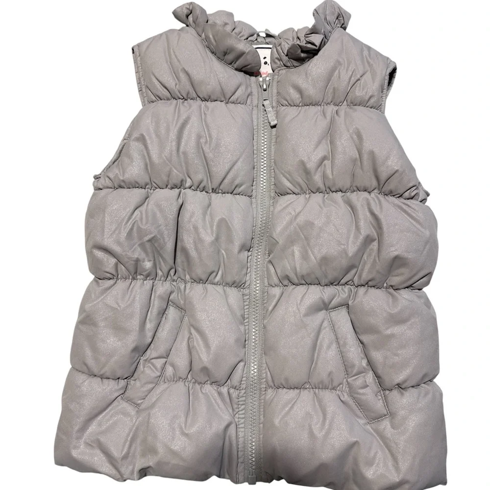 Gymboree Girls Silver Shimmer Puffer Vest Size M (7-8) Zip‎ Up Ruffle Collar